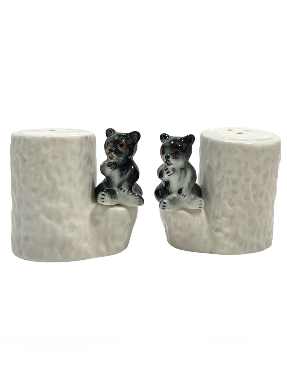 Vintage 1950s Bear on Tree Stump Ceramic Salt and Pepper Shakers - Made in Japan